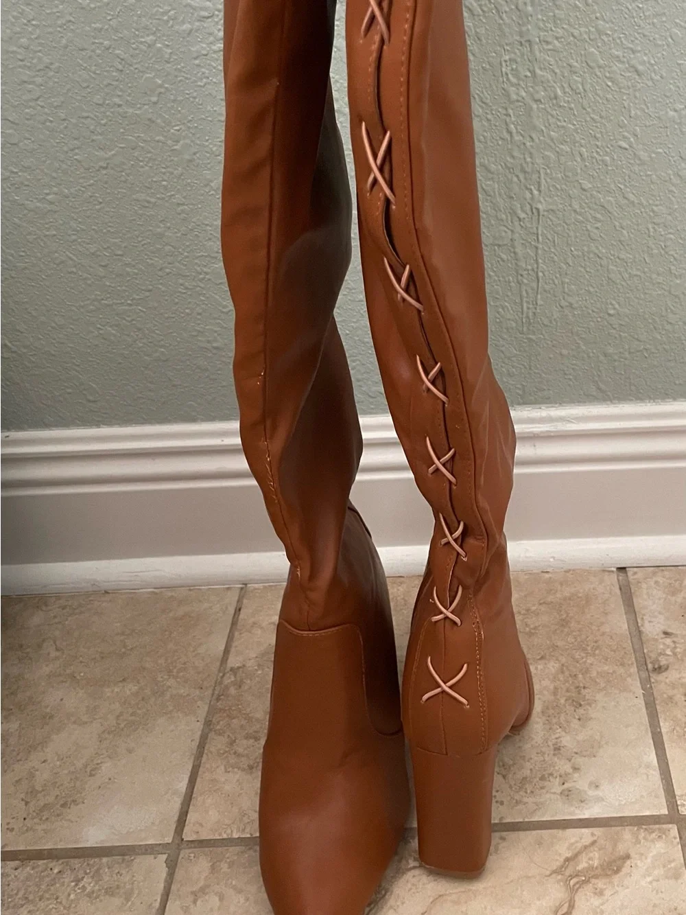 Over-the-Knee Lace-Up Tan Block Heel Boots